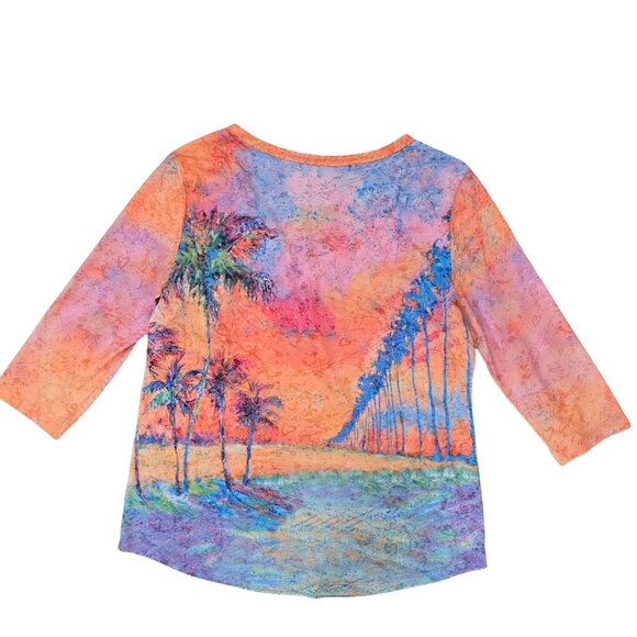 Leoma Lovegrove Medium V-Neck 3/4 Sleeve Palm Tree Sunset Print semi sheer shirt - Picture 2 of 4